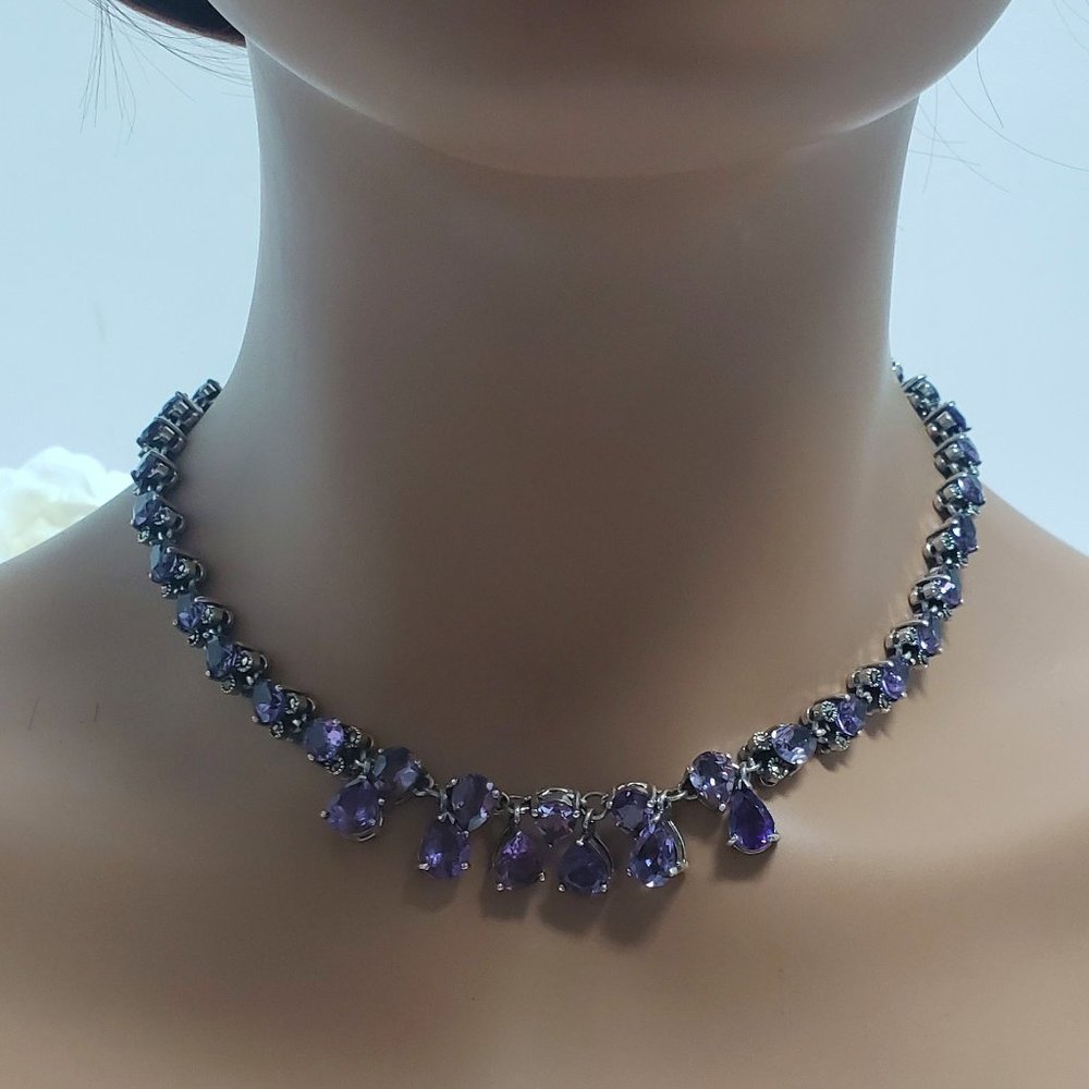 LUXURY STERLING SILVER MARCASITE AND AMETHYST NECKLACE